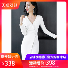 隆缘裳2018冬装新款韩版v领钉珠修身显瘦性感开叉中长连衣裙 3933图片
