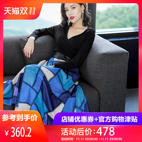 隆缘裳女秋冬2018新款撞色格子中长款韩版麂皮绒大摆连衣裙潮3267商品大图