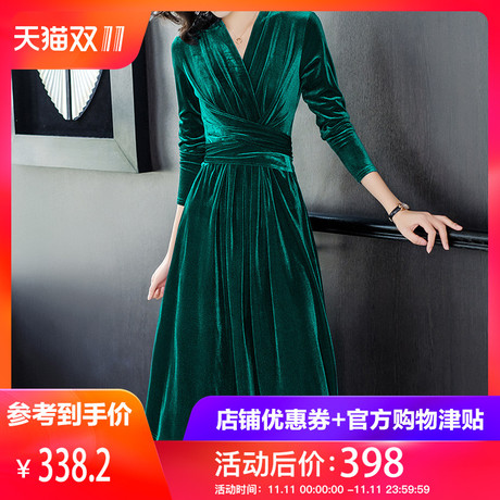 隆缘裳丝绒连衣裙女中长款秋冬2018新款名媛气质修身大摆裙潮3762商品大图