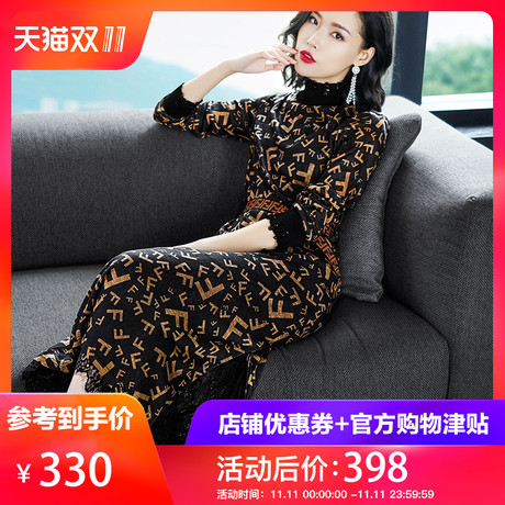 隆缘裳秋冬装2018新款复古字母长袖气质蕾丝拼接针织连衣裙女3256商品大图