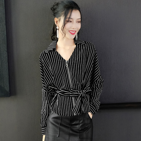 隆缘裳2018冬季新款时尚蝴蝶结条纹长袖女5130商品大图