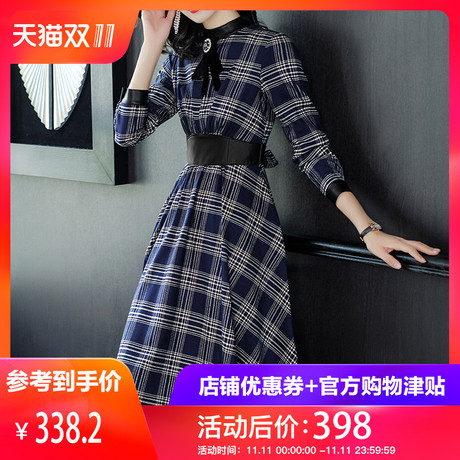 隆缘裳2018新款复古英伦大摆裙收腰通勤格子中长连衣裙女秋冬3758商品大图
