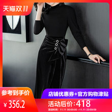 隆缘裳2018秋冬新款韩版高腰修身气质假两件拼接丝绒连衣裙女3765图片