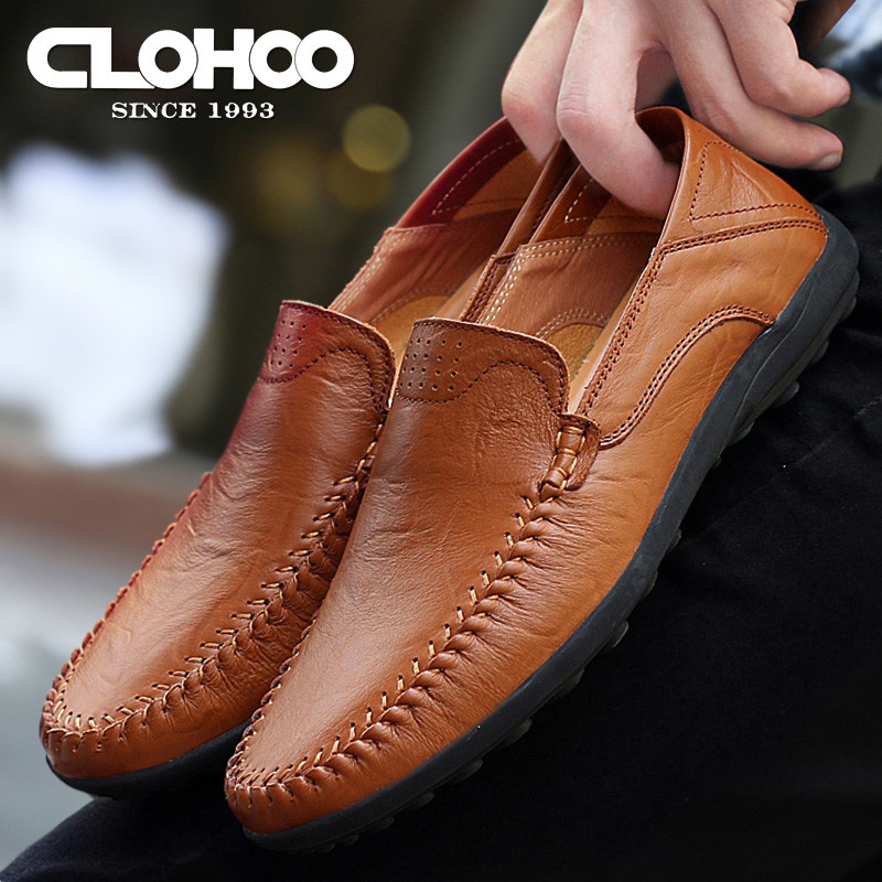 Autumn casual shoes, men's genuine leather cowhide with plush soft sole, men's bean shoes, leggings, trendy low top driving shoes, men