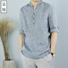 夏季麻料套头小立领衬衫 中国风文艺复古t 某地轻薄亚麻T恤男七分袖