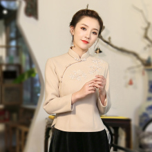 秀观唐曼影2018秋冬装新款修身改良女毛呢绣花长袖唐装旗袍上衣图片