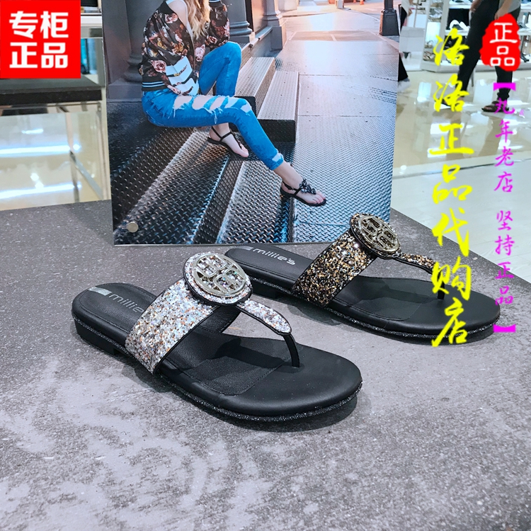 LLR57年夏季新款女鞋亮片布时尚夹趾女凉鞋拖鞋2018专柜正品妙丽