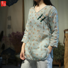 印花七分袖 碎花女装 苎麻衬衫 19夏文艺复古盘扣数码 原创布衣风格