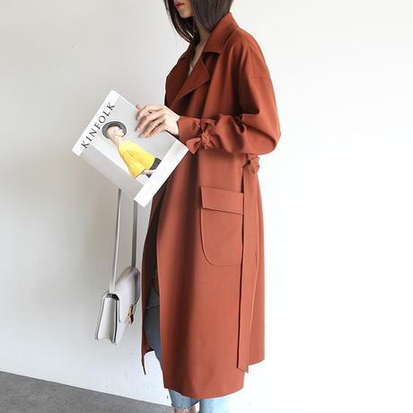 2018秋装新款女装韩版宽松中长款简约系带风衣女外套春秋F361商品大图