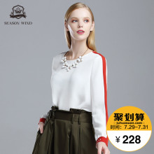 季候风2018秋季新品时尚OL圆领套头撞色拼接长袖衬衣女图片