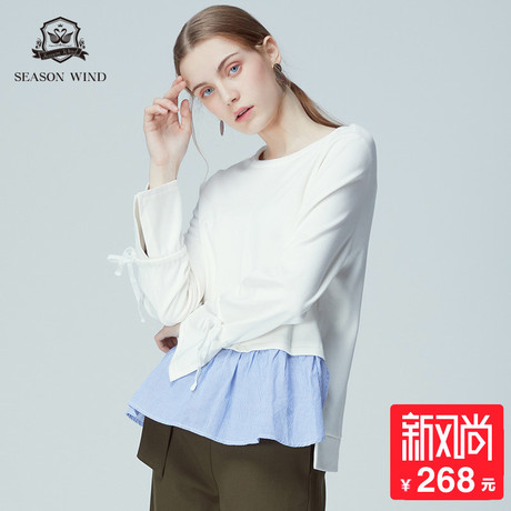 季候风2018秋季新款休闲简约拼接设计圆领清新长袖卫衣女商品大图