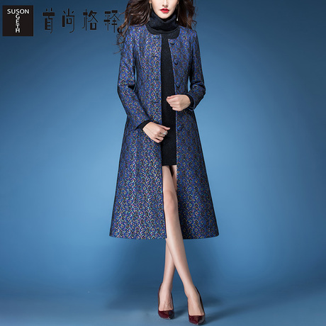 首尚格释女装2018秋装新款修身单排扣复合蕾丝中长款风衣外套女商品大图