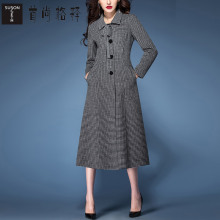 首尚格释2018冬装新款女装系带娃娃领千鸟格中长款双面呢大衣图片
