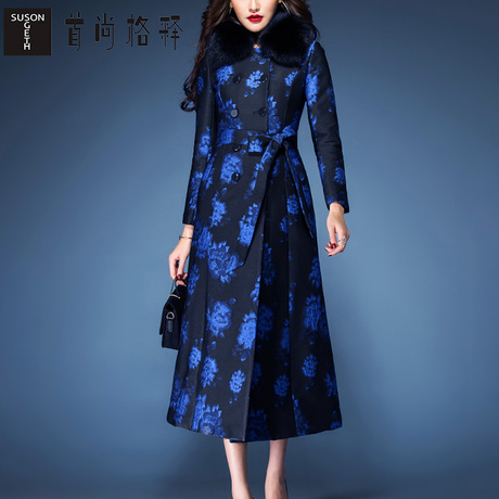 首尚格释棉服女2018新款中长款修身收腰气质蓝色印花棉衣外套加厚商品大图