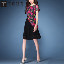 首尚格释女装2018夏季新款修身显瘦蕾丝印花假两件套中长款连衣裙图片