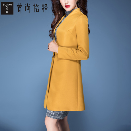 首尚格释2017秋装新款修身显瘦中长款宽松大码西装领风衣外套女商品大图