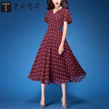 首尚格释女装2018夏季新款修身收腰大摆红色波点印花中长款连衣裙图片