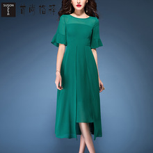 首尚格释女装2018夏装新款修身收腰纯色 短袖大摆中长款连衣裙女图片