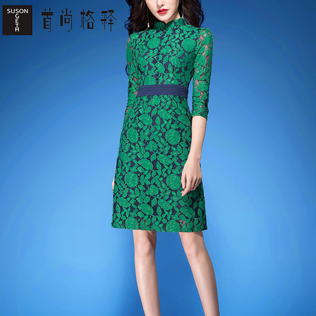 首尚格释蕾丝连衣裙女夏2018秋季新款收腰立领七分袖修身a字裙子商品大图