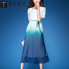 首尚格释女装2018夏季新品修身收腰雪纺渐变色短袖中长款连衣裙女图片