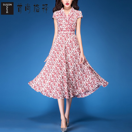 首尚格释2018夏装新款女装修身收腰V领中长款大摆印花雪纺连衣裙商品大图