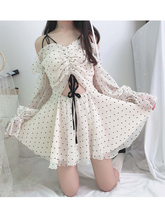 波点甜美少女绑带蝴蝶结萌打底裙子 连衣裙吊带长袖 女2018新款 秋装