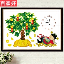 十字绣钟表客厅线绣清新款简单小幅印花全绣摇钱树财神爷2019针绣