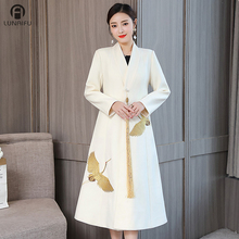 秋冬款外套女2019新款中长款中国风旗袍刺绣外披毛呢大衣外搭开衫