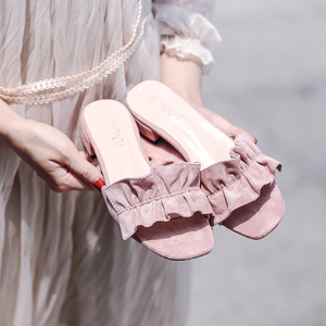 平底一字花瓣粗跟凉拖鞋