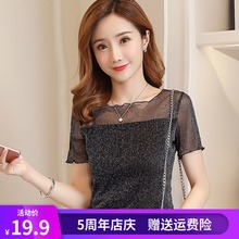 网纱大码 女装 上衣 圆领蕾丝打底衫 薄款 t恤2019夏装 修身 新品 女短袖