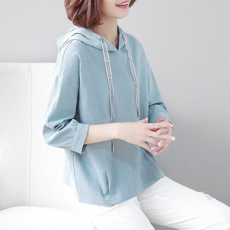 连帽抽绳卫衣女短款2018秋装新款韩版大码宽松七分袖女装上衣商品大图