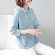 连帽抽绳卫衣女短款2018秋装新款韩版大码宽松七分袖女装上衣图片