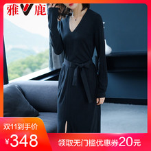 yaloo/雅鹿秋装连衣裙女2018新款中长款长袖韩版收腰V领针织裙子图片