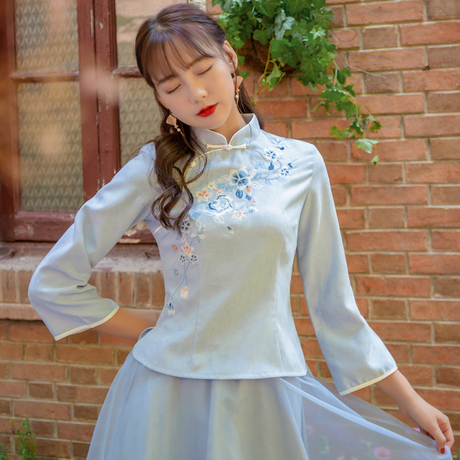 2018秋冬文艺复古学生旗袍套装上衣 民国风素雅唐装上衣茶艺服女商品大图