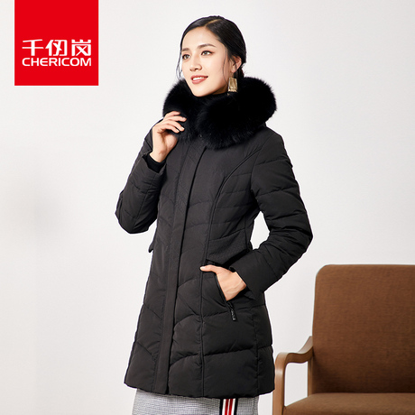 千仞岗女士狐狸毛领羽绒服2018秋冬新款中长款纯色休闲外套229303商品大图