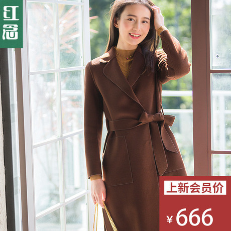红念西装领羊毛呢外套女中长款2018秋冬新款宽松系带双面呢子大衣商品大图