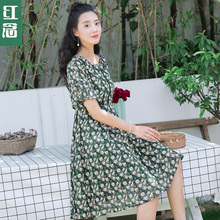 红念绿色印花雪纺裙连衣裙女夏装2018新款文艺a字裙修身中裙子图片
