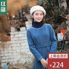 红念蓝色收腰连衣裙秋装女2018新款中长款文艺毛呢裙修身长裙子图片