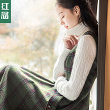 红念毛呢背心裙无袖连衣裙女中长款2017新款文艺格子秋冬打底长裙图片