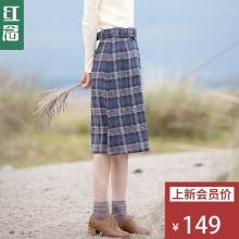 红念羊毛呢半身裙秋装女2018新款中长款A字裙格子修身文艺中裙子图片