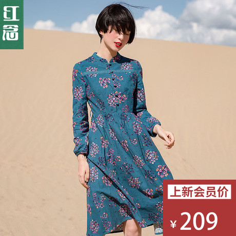 红念中长款蓝色印花连衣裙秋装女2018新款文艺复古大摆裙收腰长裙商品大图