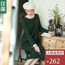 红念墨绿色宽松连衣裙秋装女2018新款中长款刺绣毛呢裙复古长裙子图片