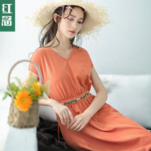 红念棉质短袖V领连衣裙女夏装2018新款中长款刺绣A字裙收腰长裙子图片