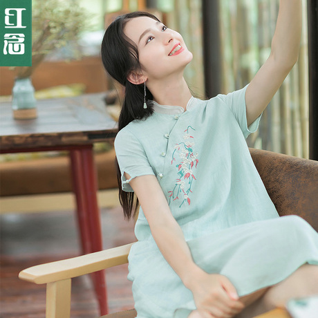 红念小个子绿色苎麻连衣裙女夏2018新款文艺刺绣改良旗袍裙中裙子商品大图