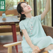 红念小个子绿色苎麻连衣裙女夏2018新款文艺刺绣改良旗袍裙中裙子图片