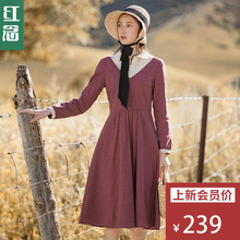 红念格子棉麻连衣裙女长袖2018秋装新款中长款拼接a字裙修身长裙图片