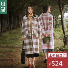 红念双面呢格子大衣女中长款2018新款宽松大码赫本风羊毛呢外套女图片