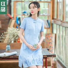 红念蓝色苎麻连衣裙女夏装2018新款荷叶领a字裙小个子刺绣短裙子图片