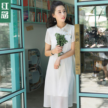 红念白色雪纺改良旗袍连衣裙女夏装2018新款中长款刺绣宽松长裙子图片