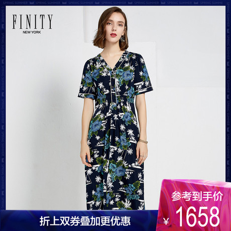 FINITY真丝连衣裙春季新款V领气质印花裙子收腰显瘦a字裙商品大图
